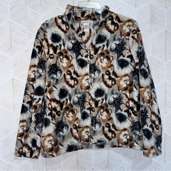 Cat Fleece Zip Up Jacket Bonnie Evans All Over‎ Kitty Cat Lady VTG Women’s Sz PM - Picture 1 of 6